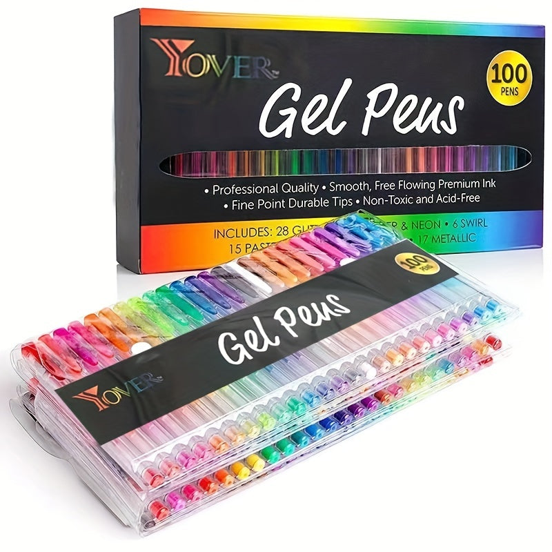 Set of colorful gel pens with Yover branding in front of a box containing 100 pens.
