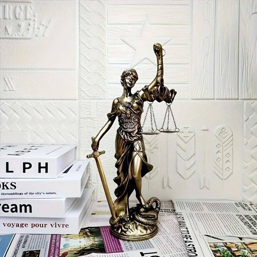Bronze statue of Lady Justice on a surface with books and newspaper