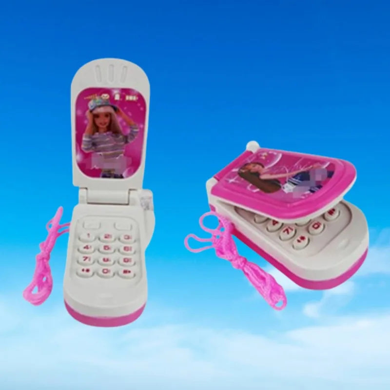 Toy phone with a pink and white design on a blue gradient background