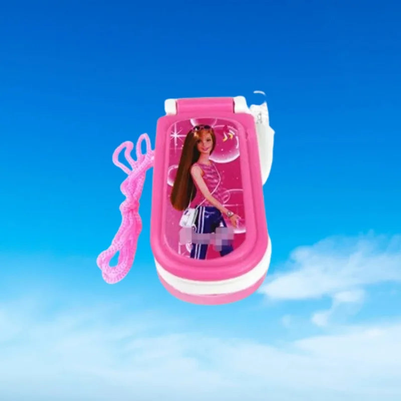 Pink toy phone with a character on a blue sky background
