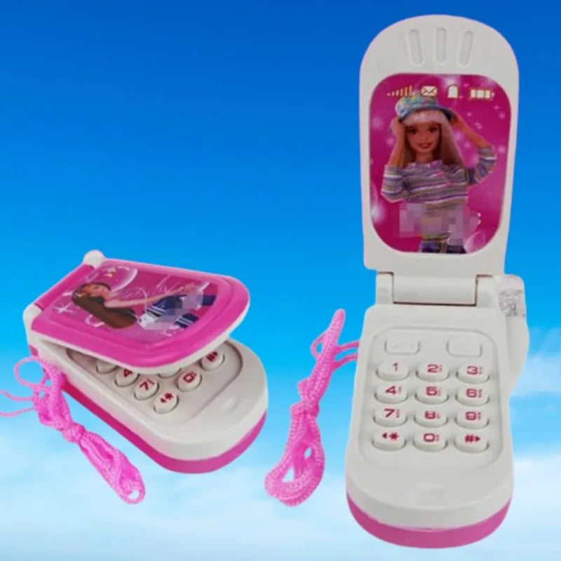 Toy phone with a flip design and pink accents on a blue background