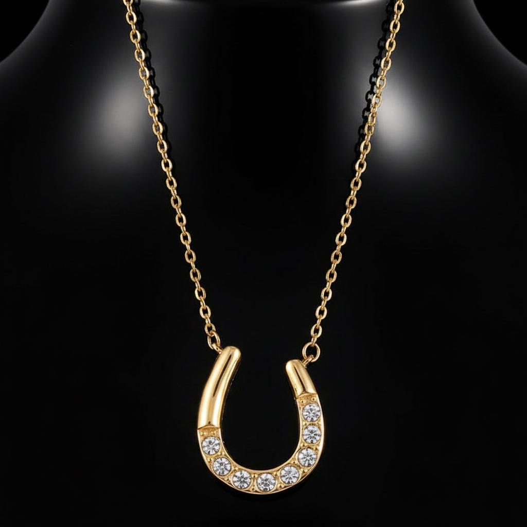 A gold horseshoe pendant necklace adorned with small clear stones, displayed on a black mannequin bust against a dark background.