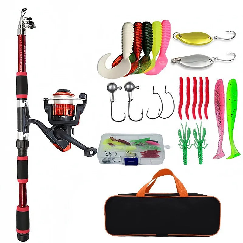 Fishing rod and reel set with various fishing lures and accessories on a white background