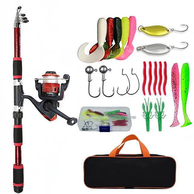 Fishing rod and reel set with various fishing lures and accessories on a white background