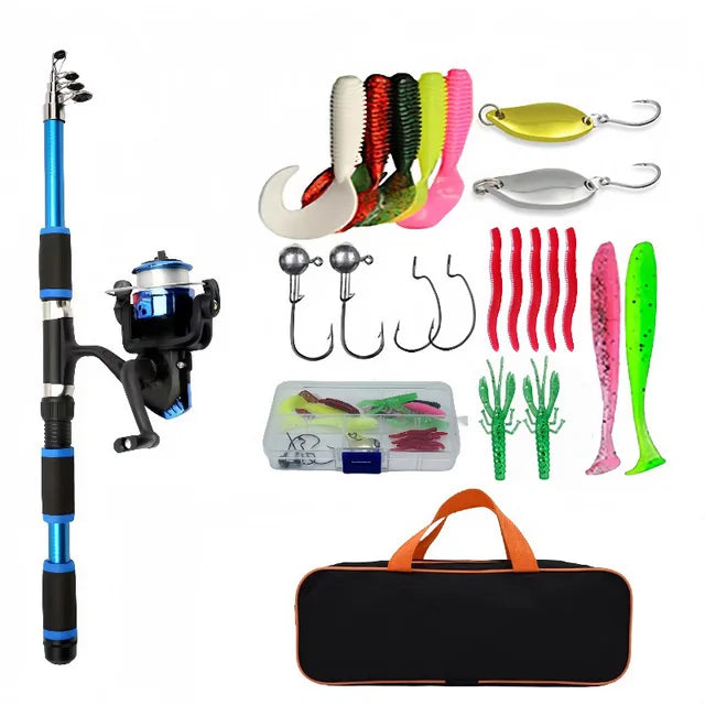 Fishing rod and reel set with various fishing lures and accessories on a white background