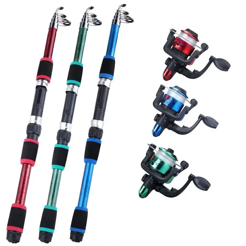 Three telescopic fishing rods with corresponding reels on a white background