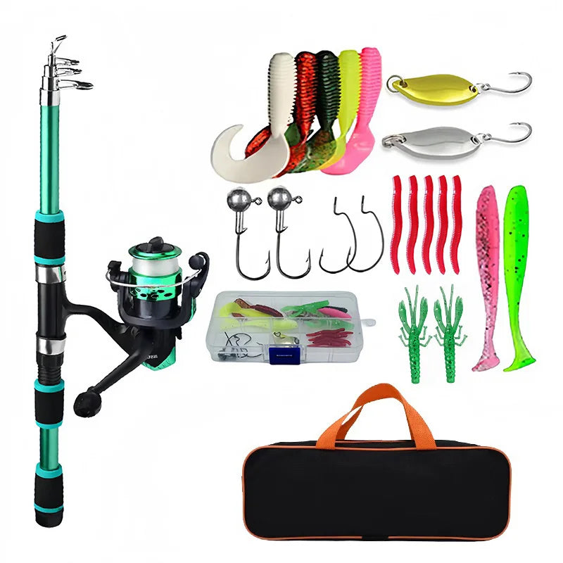 Fishing rod and reel set with various fishing lures and accessories on a white background