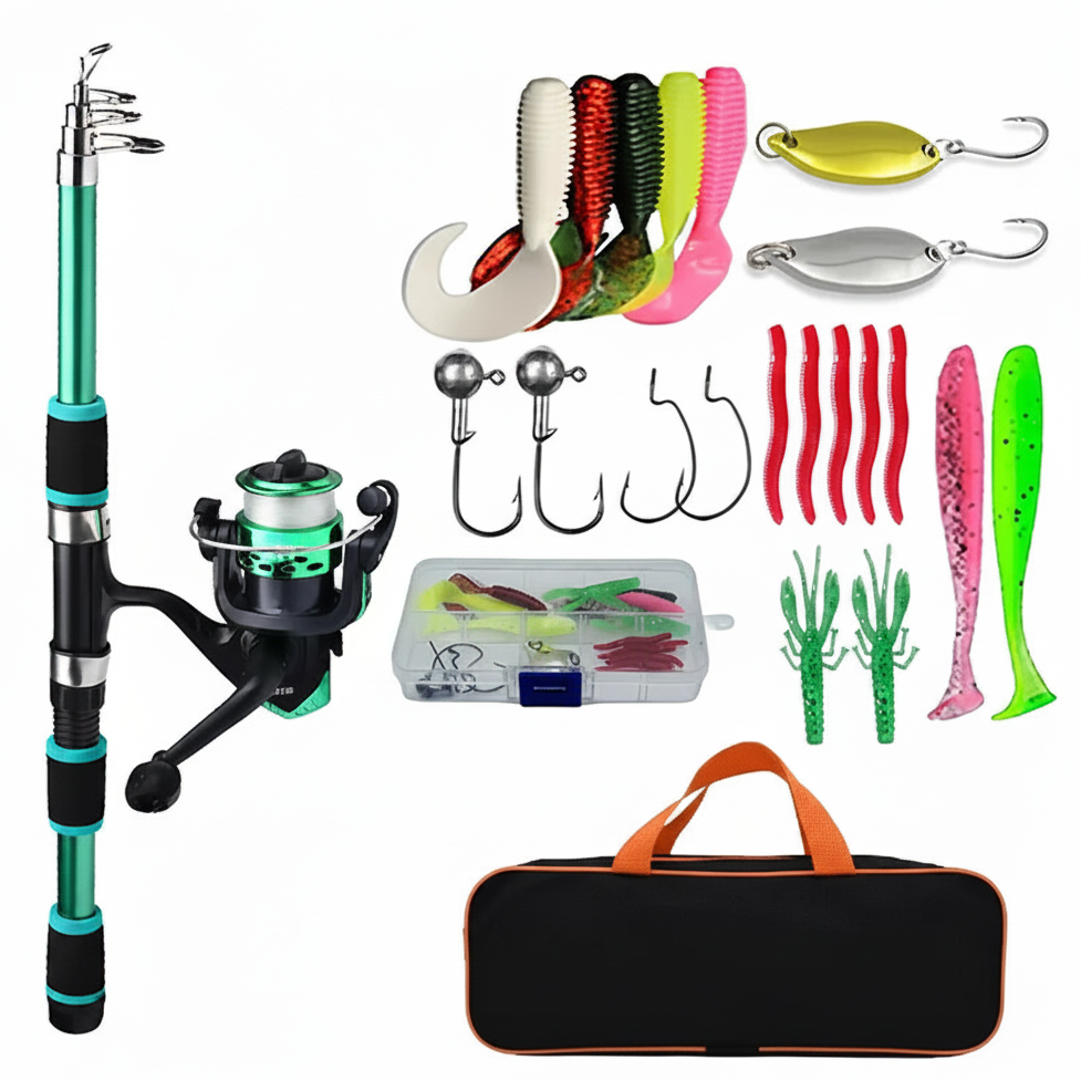 Fishing rod and reel set with various fishing lures and accessories on a white background