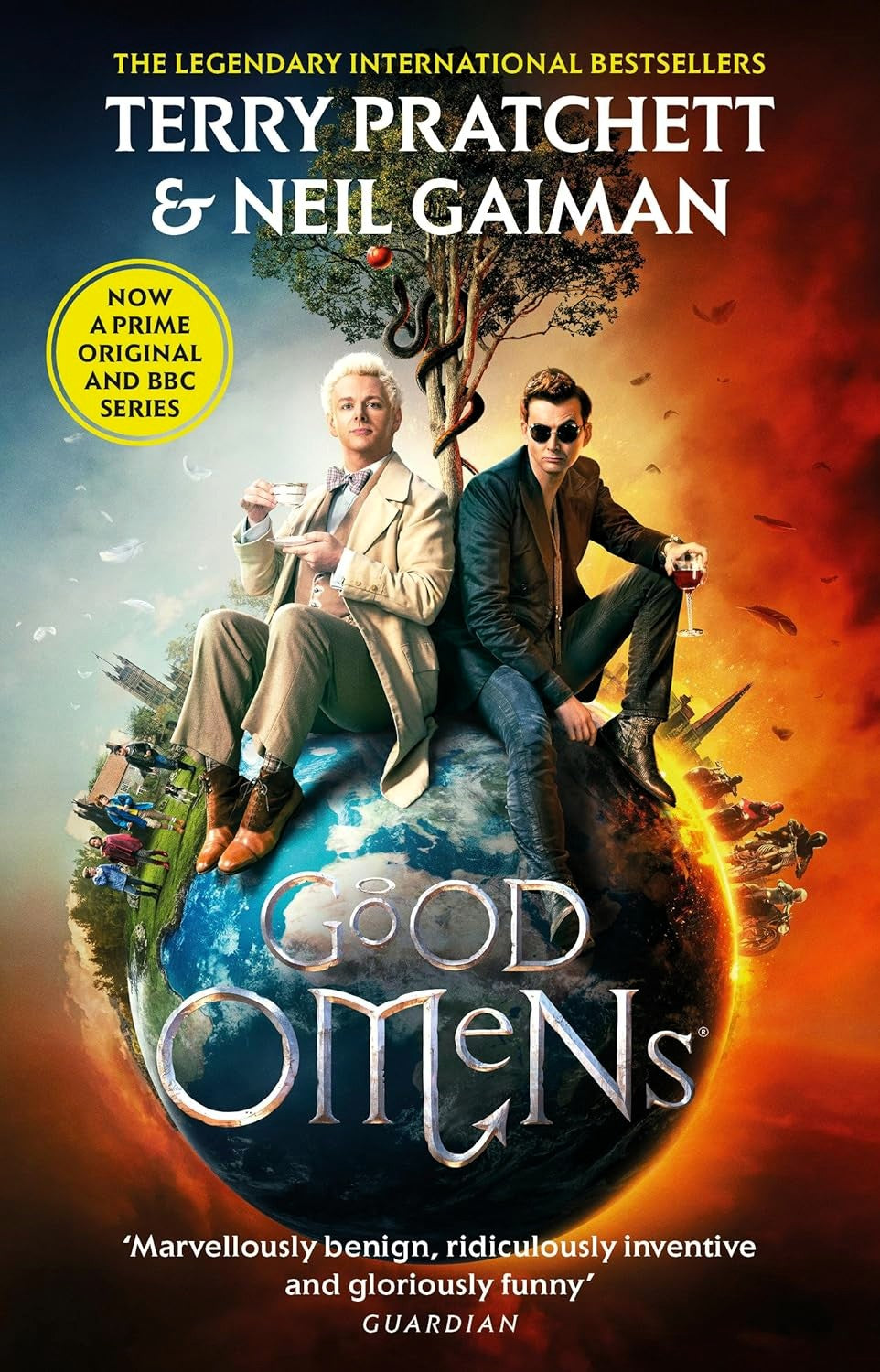 Book cover of 'Good Omens: The Nice and Accurate Prophecies of Agnes Nutter, Witch' by Terry Pratchett and Neil Gaiman featuring two characters sitting on a globe with a colorful background.