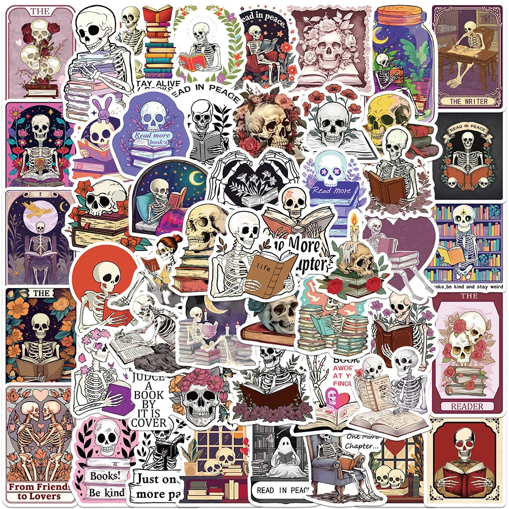 Collection of colorful stickers with skeletons, skulls, and book-themed designs on a white background.