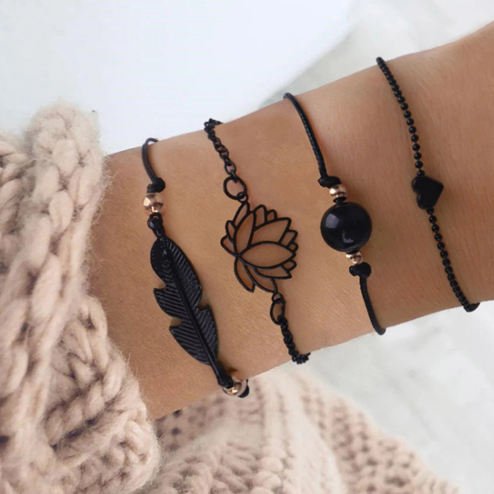 Gothic Bracelet Stack Boho Bangles | Black Heart, Black Lotus, Black Feather, Black Spell Stone Goth Jewelry
