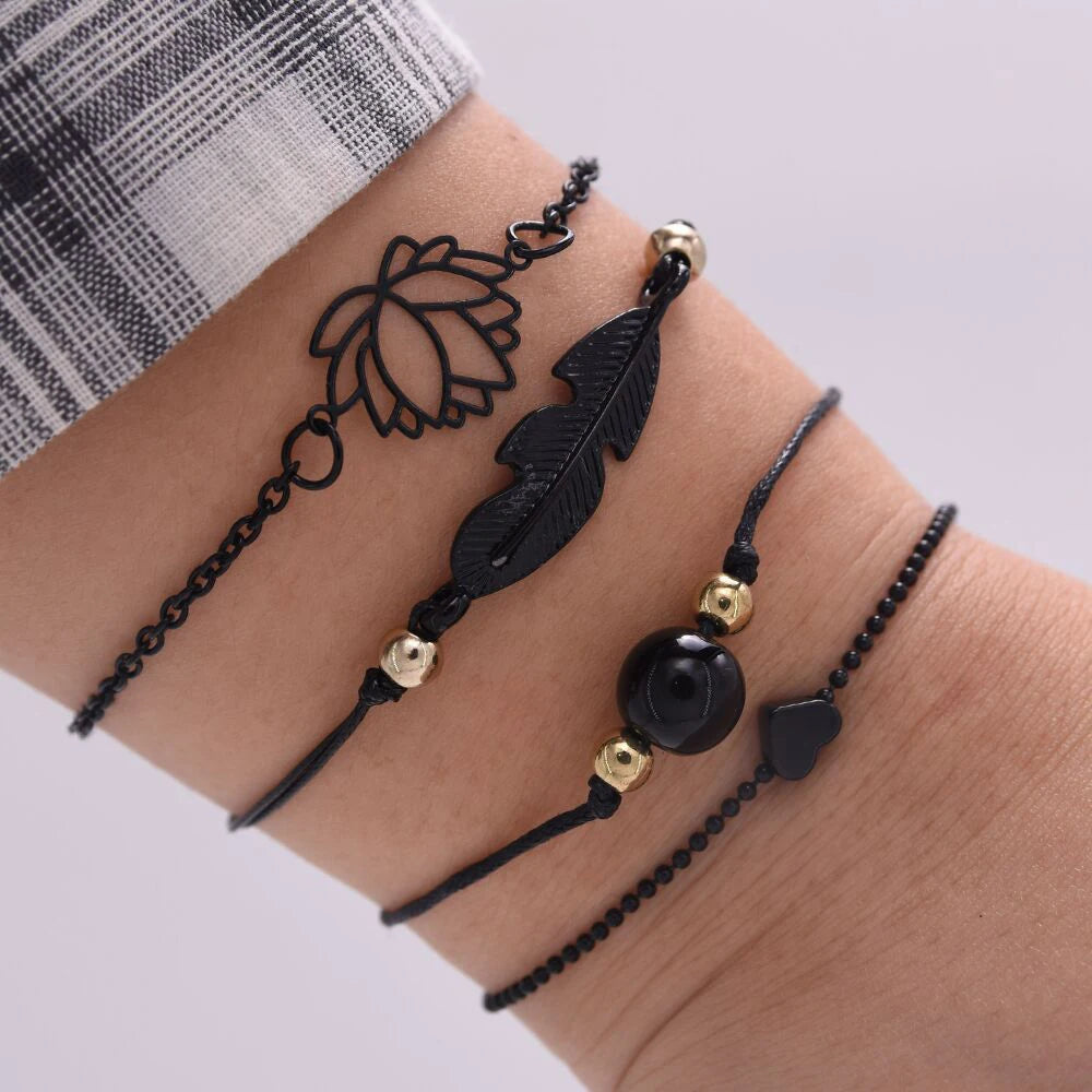 Gothic Bracelet Stack Boho Bangles | Black Heart, Black Lotus, Black Feather, Black Spell Stone Goth Jewelry