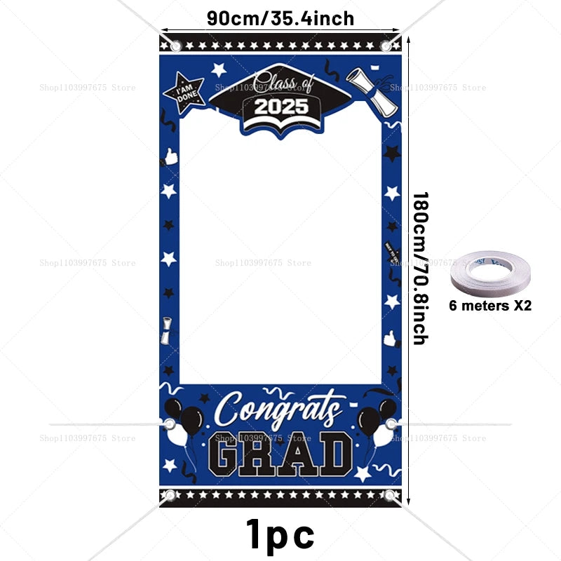 Graduation-themed selfie frame with 'Congrats Grad' and 'Class of 2025' text, dimensions, and roll of tape displayed.