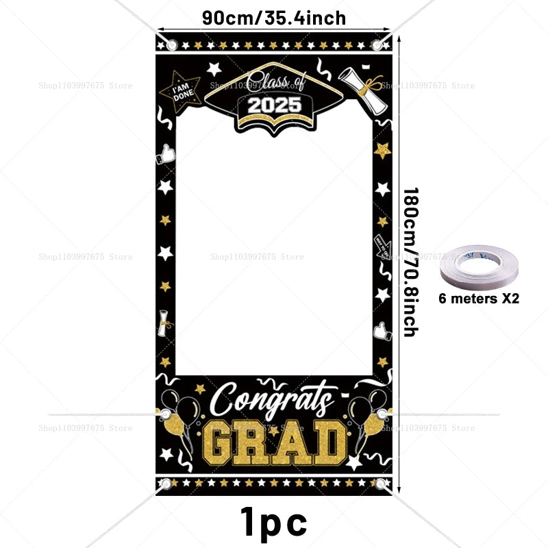 Graduation-themed photo frame with 'Class of 2025' and 'Congrats Grad' text, dimensions, and roll of tape displayed.