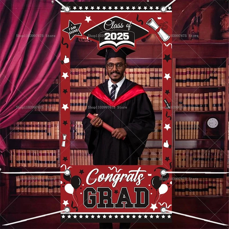 Graduation-themed photo frame with 'Class of 2025' and 'Congrats Grad' text, set against a library background.