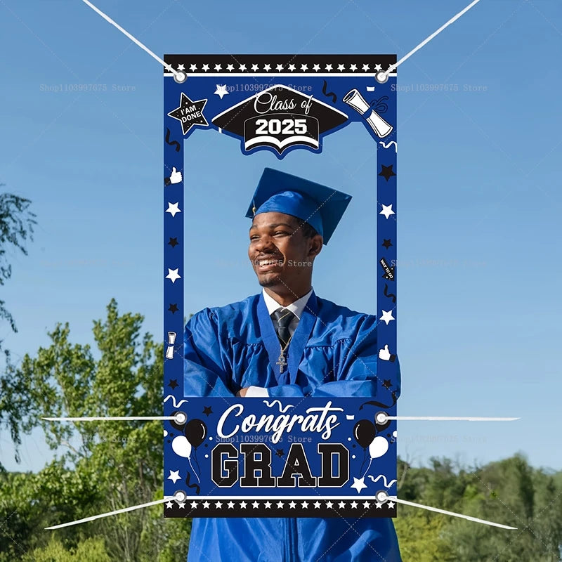 Graduation-themed photo frame with 'Congrats Grad' text, featuring a person in a blue graduation gown and cap.