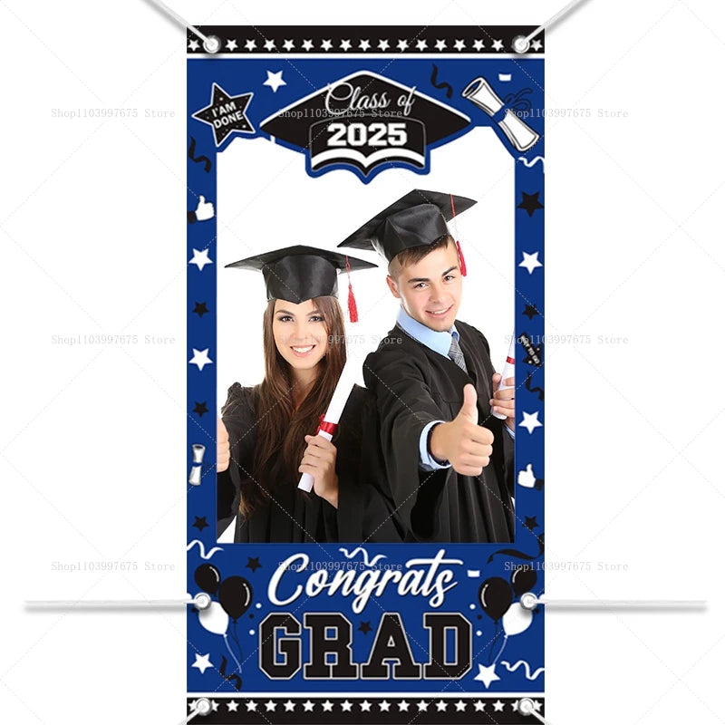 Graduation-themed photo frame with 'Class of 2025' and 'Congrats Grad' text, featuring two graduates giving thumbs up.