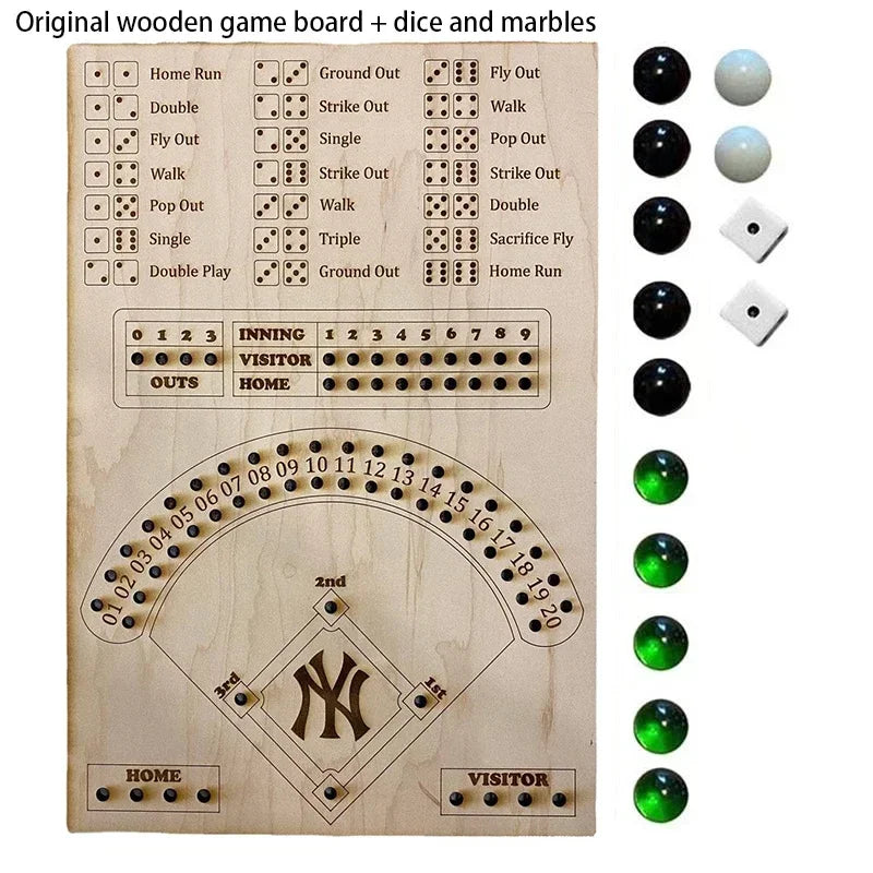 Baseball-themed wooden game board with dice and marbles on a white background