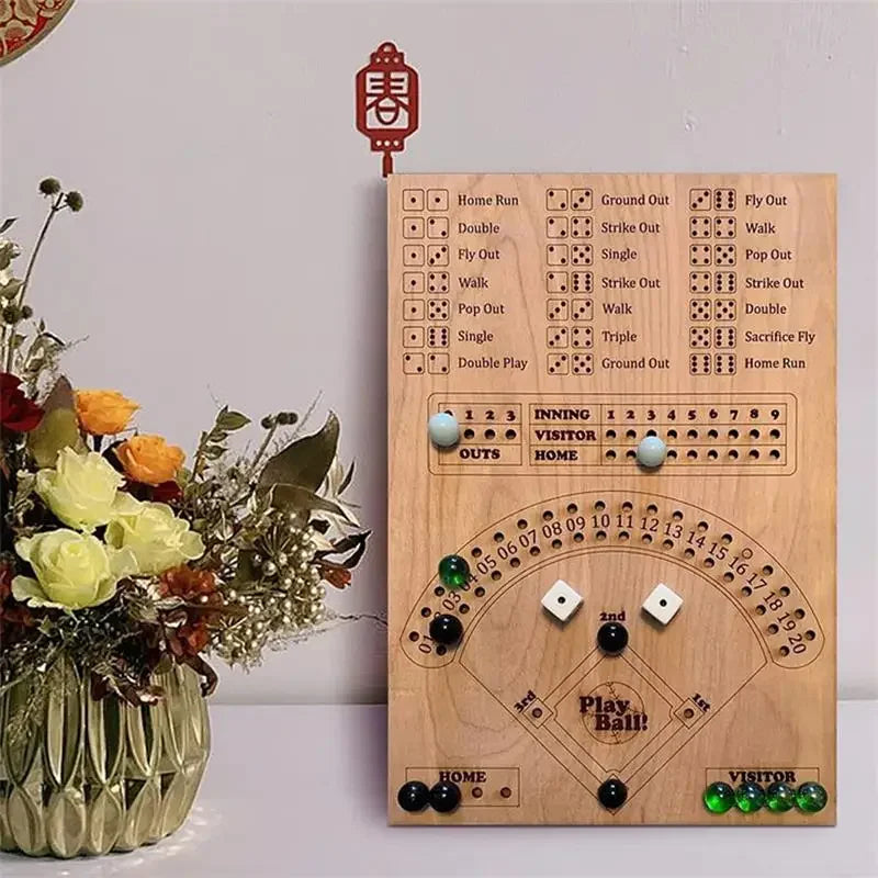 Wooden baseball scorecard style board game with dice and flowers on a light background