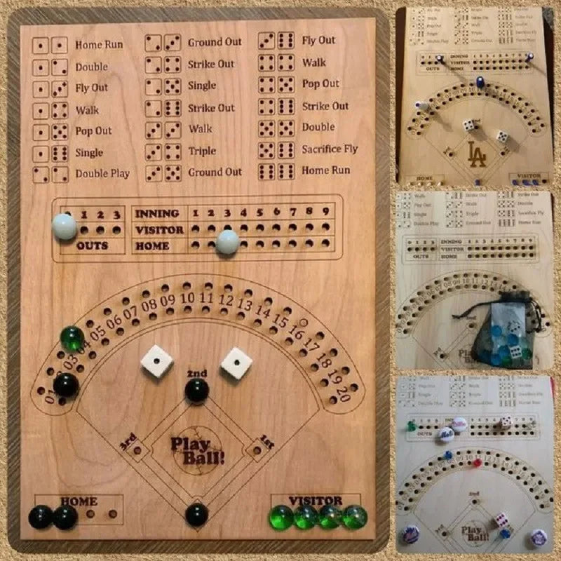 Wooden baseball scoring board with dice and score sheets on a wooden background
