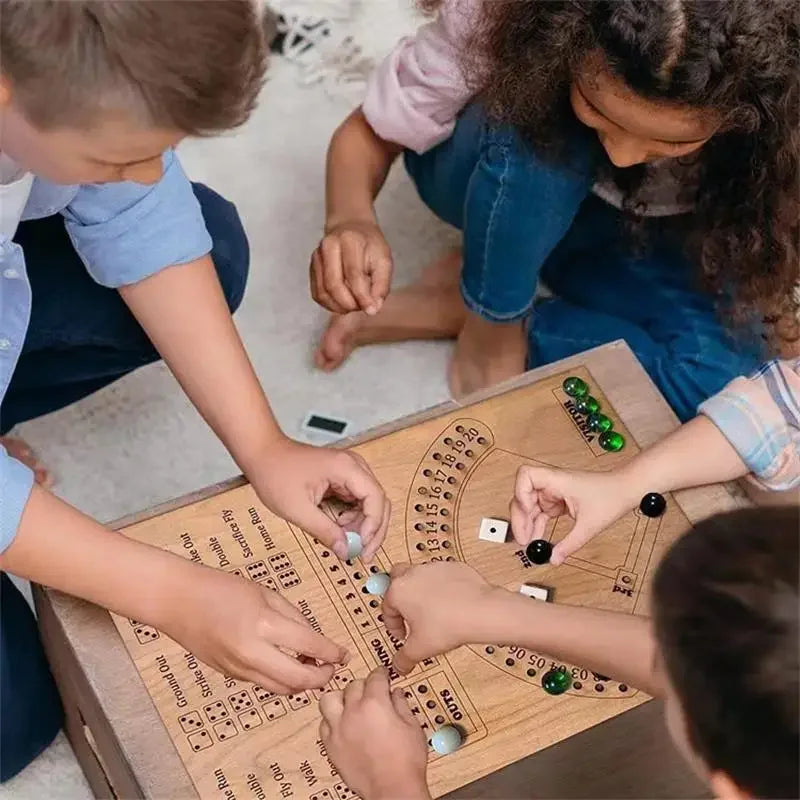 Family playing a baseball board game together on a wooden board