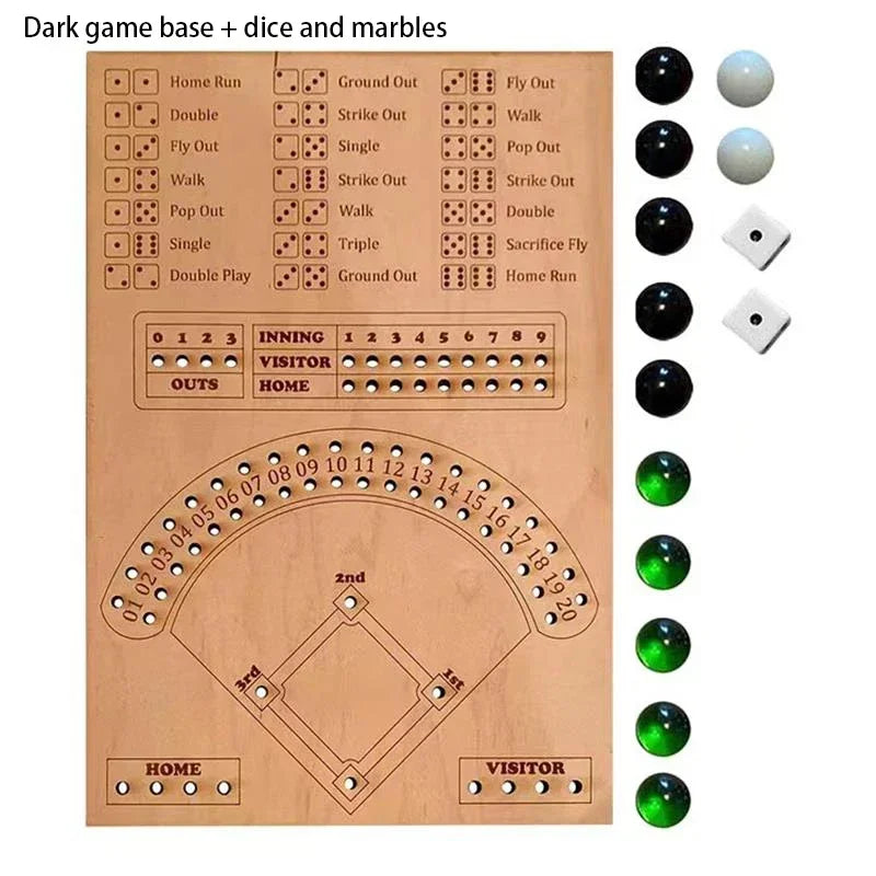 Baseball scoring board game with dice and marbles on a white background
