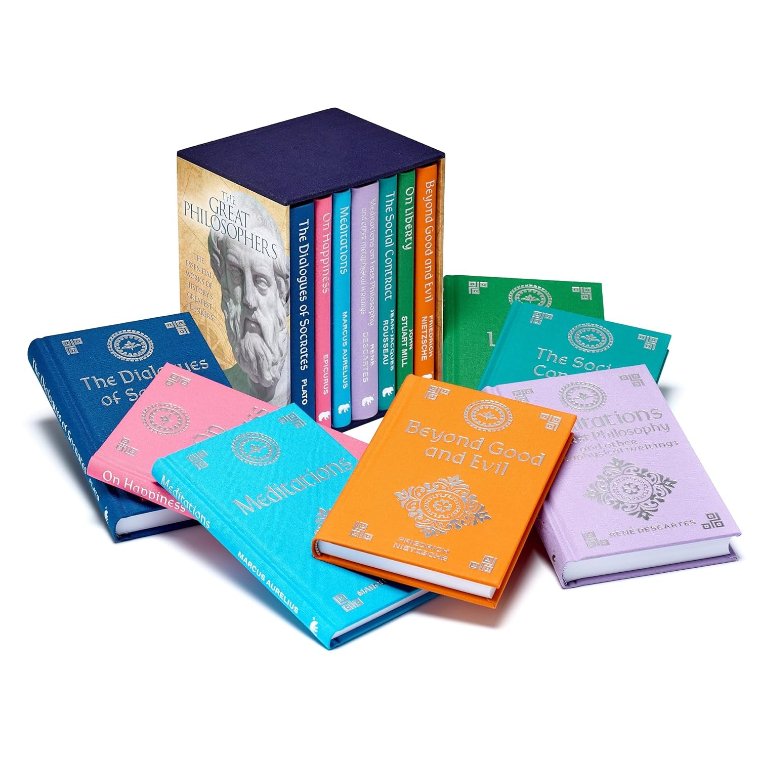 Display of all books included in the 'Great Philosophers Collection: Deluxe 7-Book Book Box Set' Book Collection.