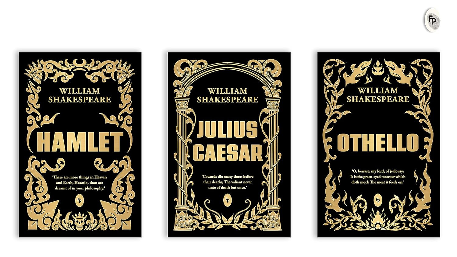 Book box set of 'Shakespeare Box Set: Greatest Works of William Shakespeare [ISBN: 9789354407000]' featuring a gilded style casing. Books displaying (3) book front covers from classic Shakespeare works.