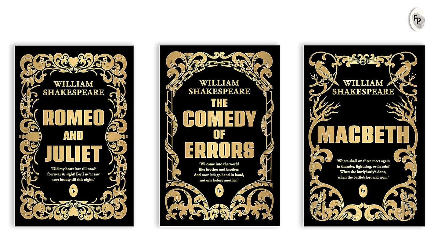 Book box set of 'Shakespeare Box Set: Greatest Works of William Shakespeare [ISBN: 9789354407000]' featuring a gilded style casing. Books displaying (3) book front covers.