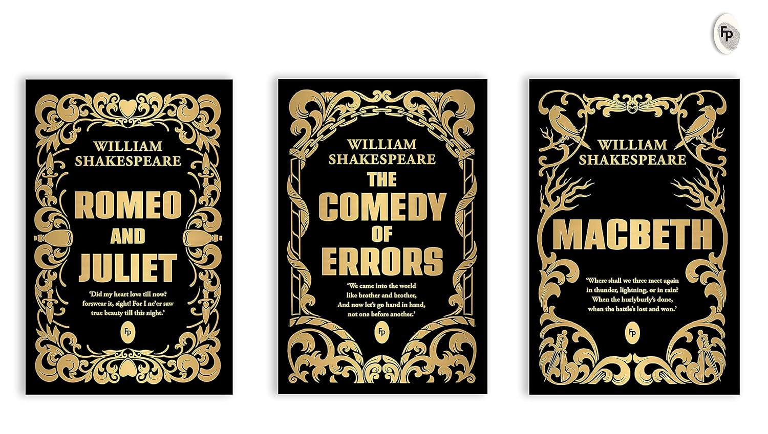 Book box set of 'Shakespeare Box Set: Greatest Works of William Shakespeare [ISBN: 9789354407000]' featuring a gilded style casing. Books displaying (3) book front covers.