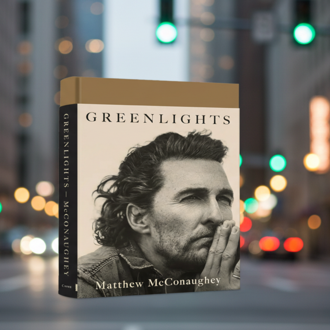 Hardcover book titled 'Greenlights' by Matthew McConaughey, featuring a photograph of the author on the cover.