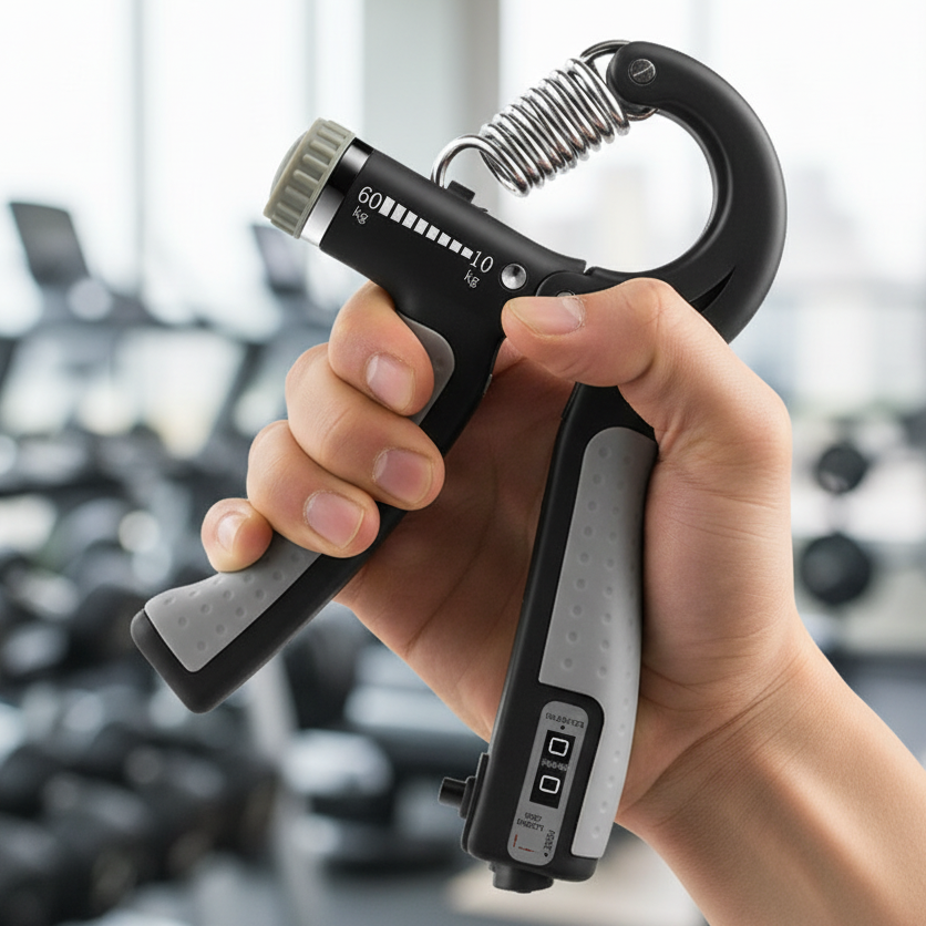 A close-up of a hand holding a black and gray hand grip trainer with a silver spring in a blurred gym setting.