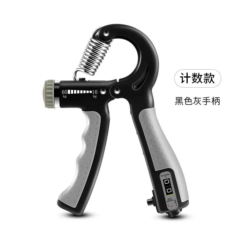 Hand grip strengthener with tally display on a white background