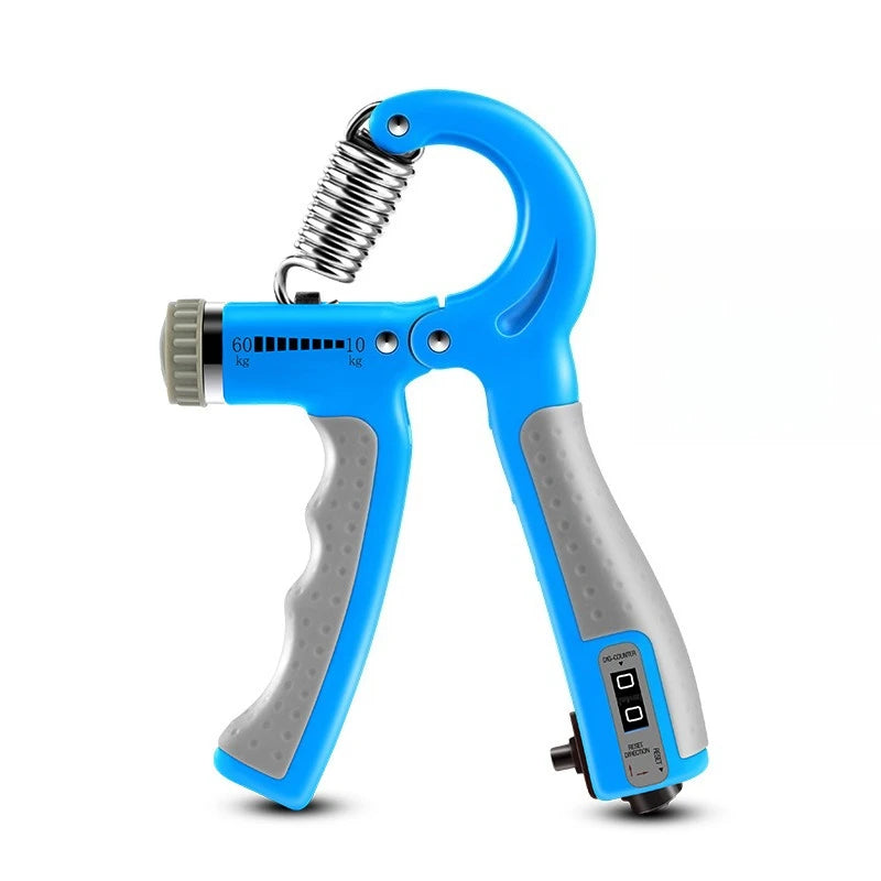 Blue and gray hand grip strengthener on a white background