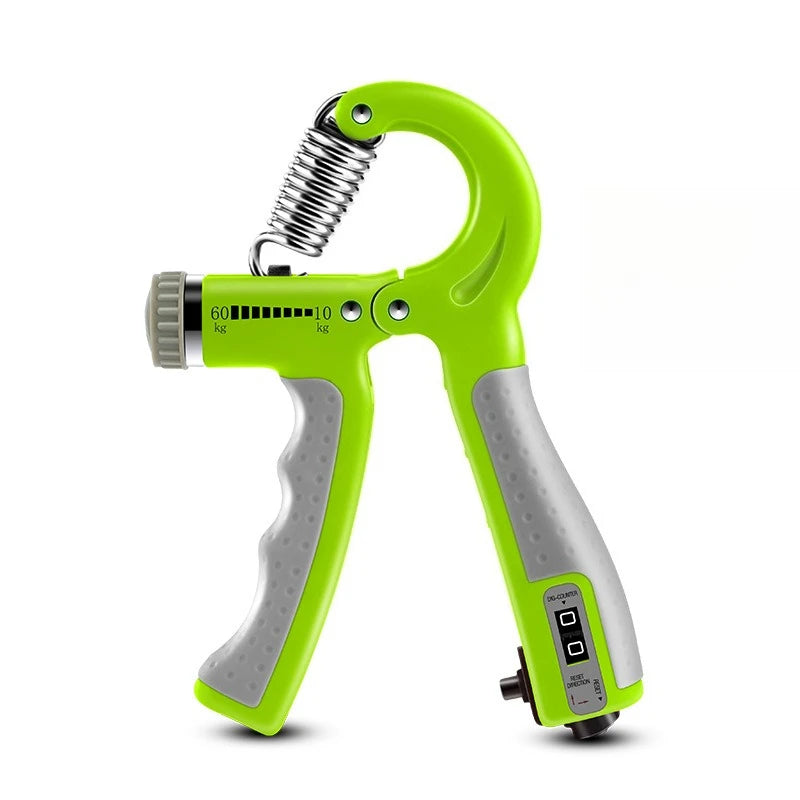 Green and gray hand grip strengthener on a white background