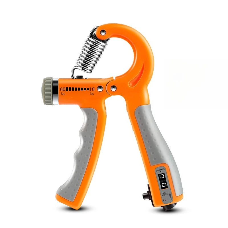 Orange and gray hand grip strengthener on a white background