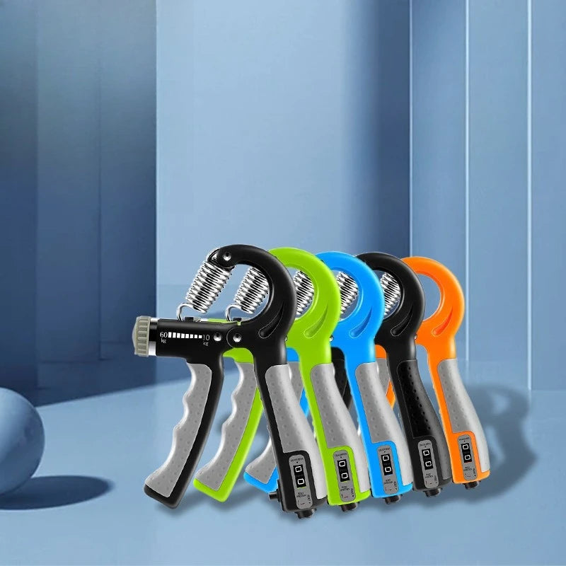Set of digital hand grip trainers in black, green, blue, gray, and orange on a blue background.