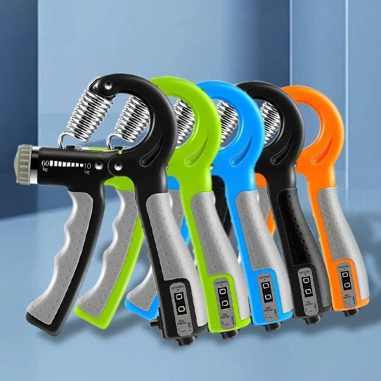 Five hand grip trainers with strength meters in black, lime green, blue, dark gray, and orange, arranged in a fan shape against a blue gradient background.