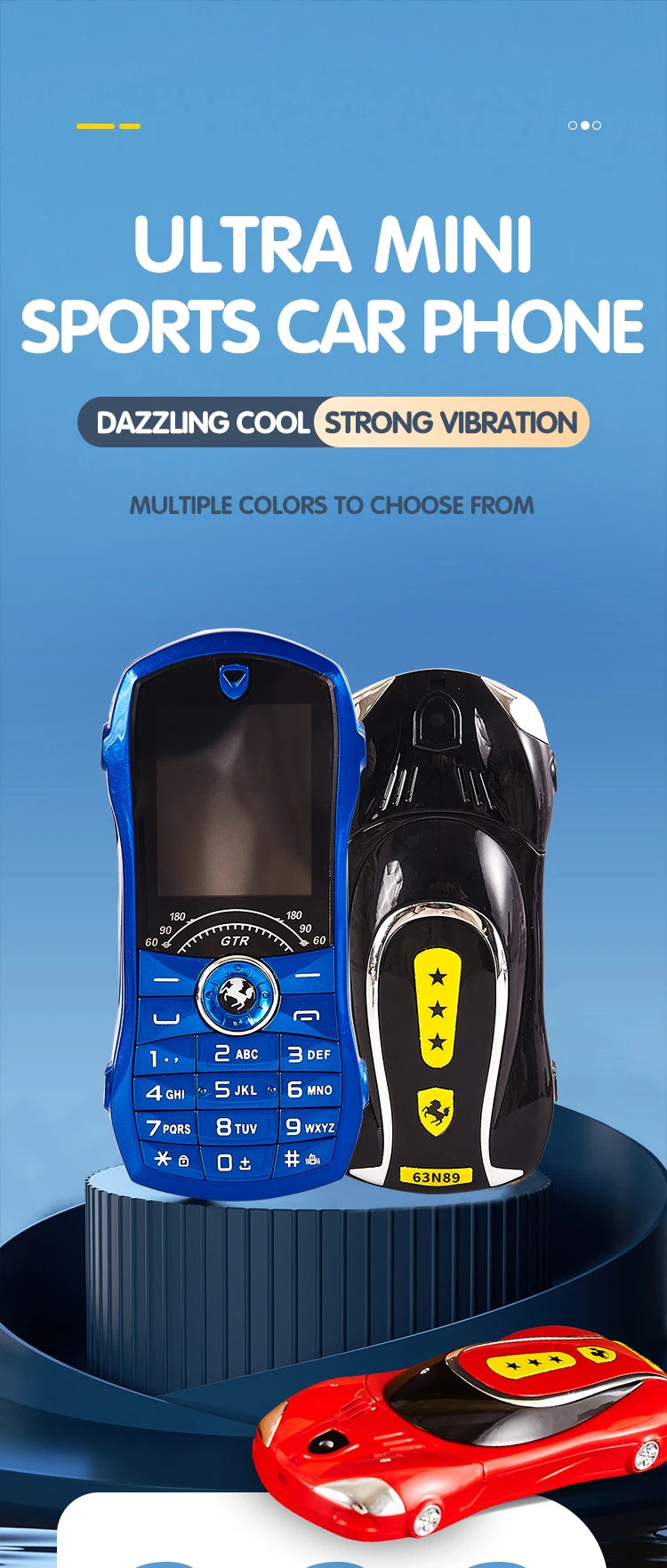 Ultra mini sports car phone with blue and black colors on a blue background