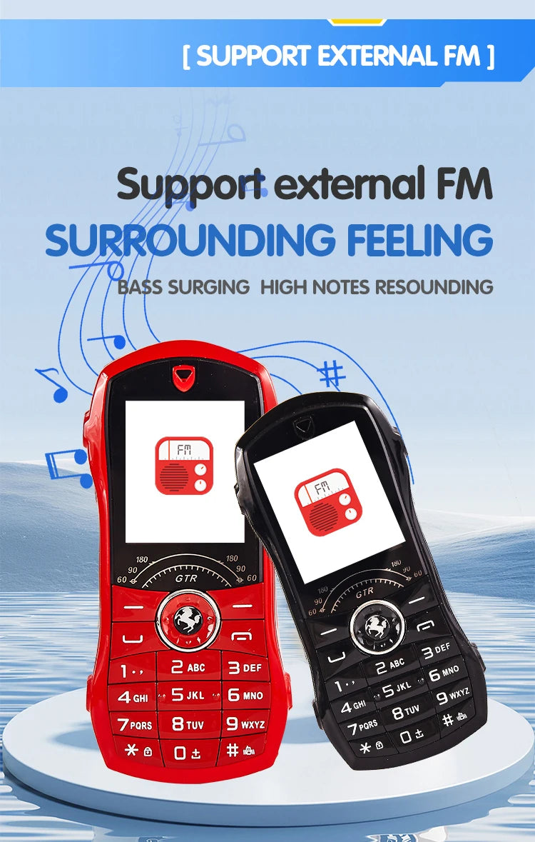 Two red and black feature phones with FM radio functionality on a blue background