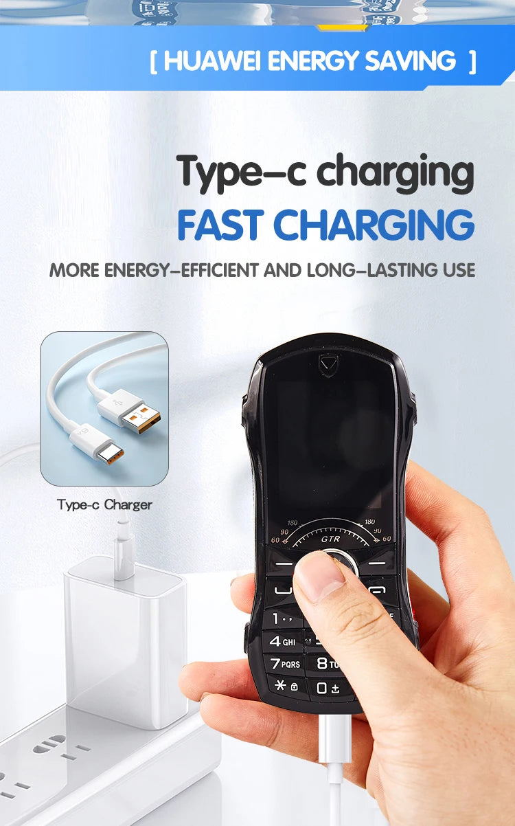 Hand holding a phone with a charging cable, featuring Huawei energy-saving text and fast charging features.
