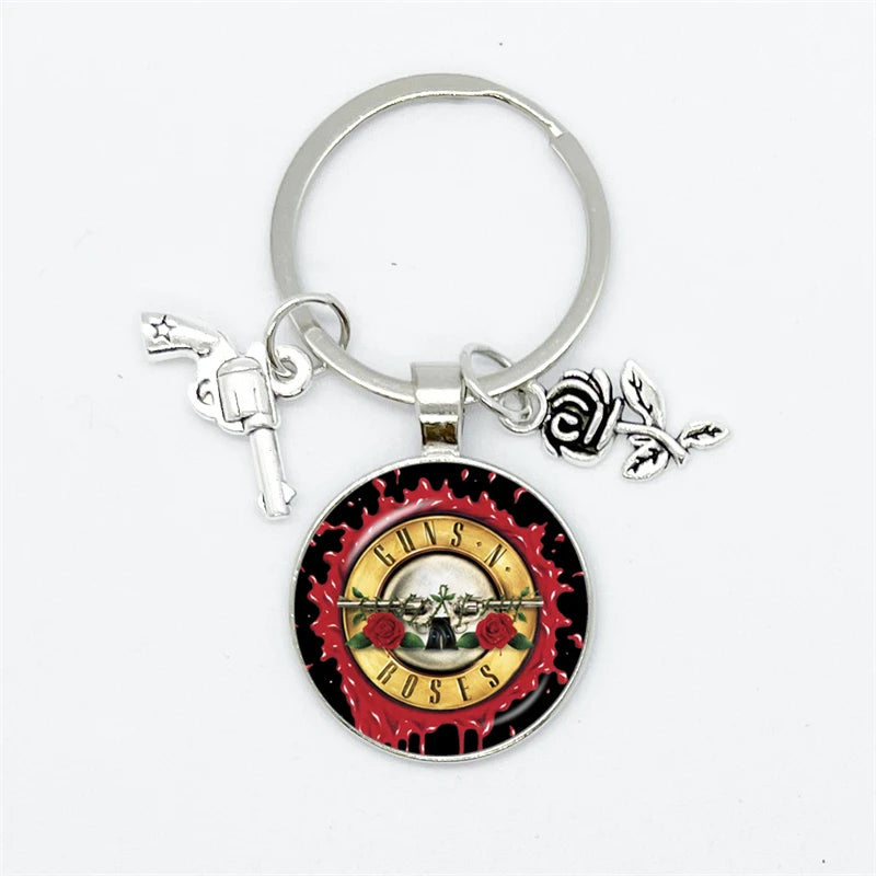 Guns N Roses Keychain With Band Logo, Pistol and Rose Charms