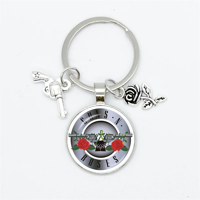 Guns N Roses Keychain With Band Logo, Pistol and Rose Charms