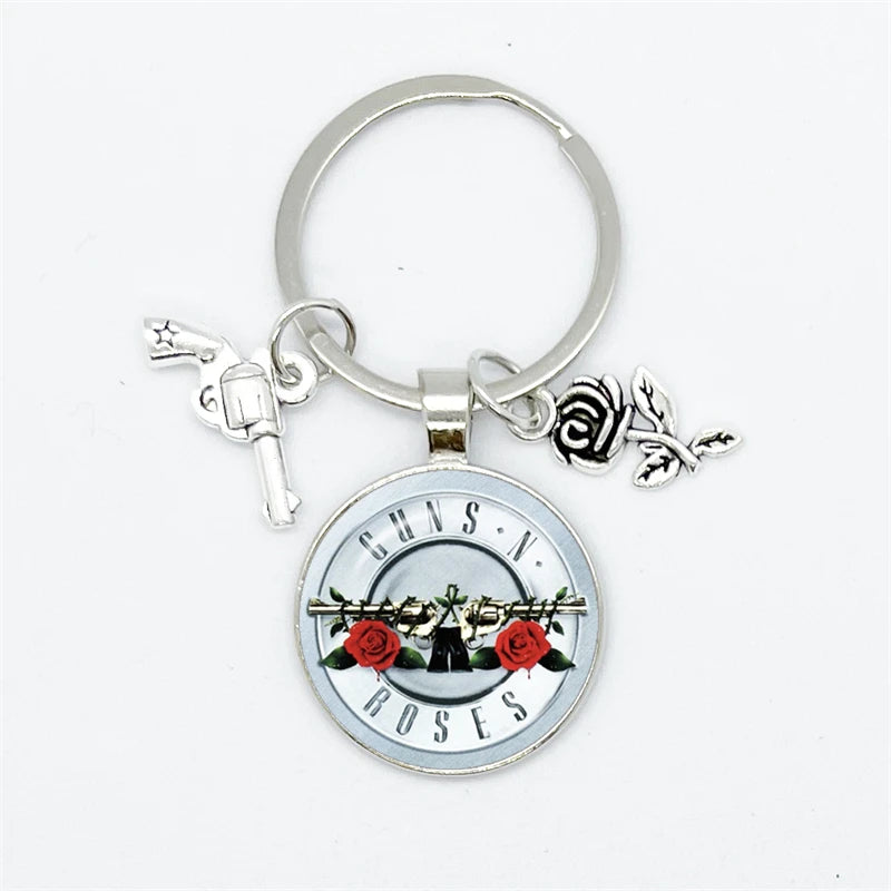 Guns N Roses Keychain With Band Logo, Pistol and Rose Charms