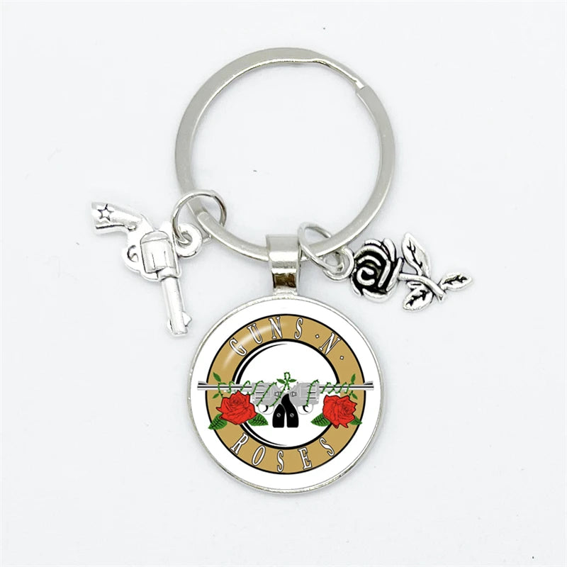 Guns N Roses Keychain With Band Logo, Pistol and Rose Charms