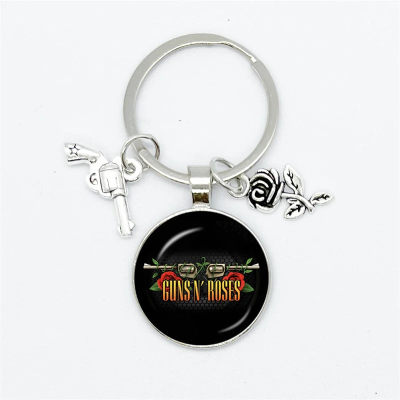 Guns N Roses Keychain With Band Logo, Pistol and Rose Charms