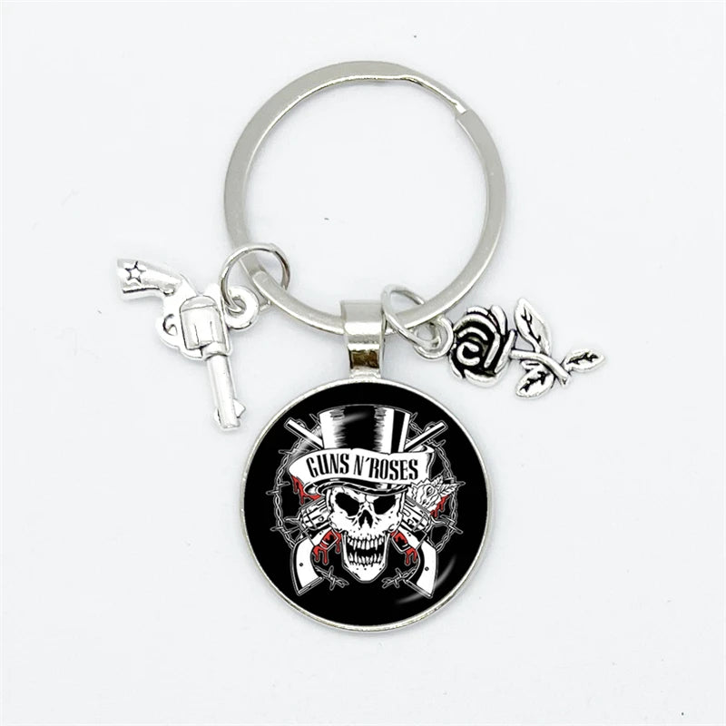 Guns N Roses Keychain With Band Logo, Pistol and Rose Charms