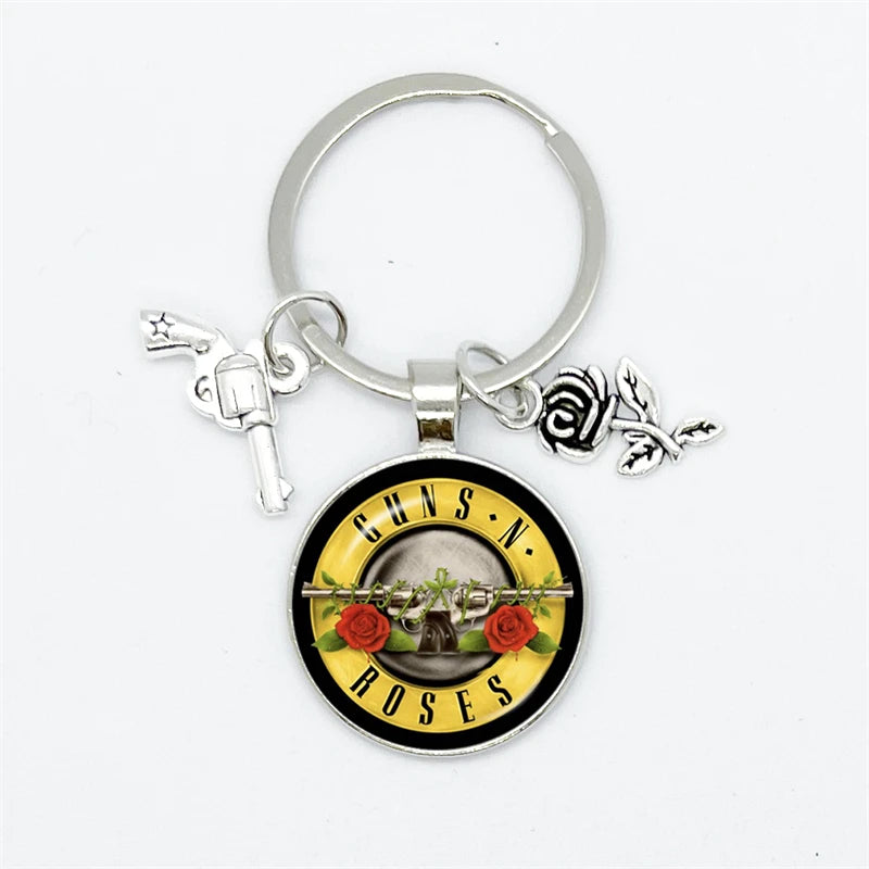 Guns N Roses Keychain With Band Logo, Pistol and Rose Charms