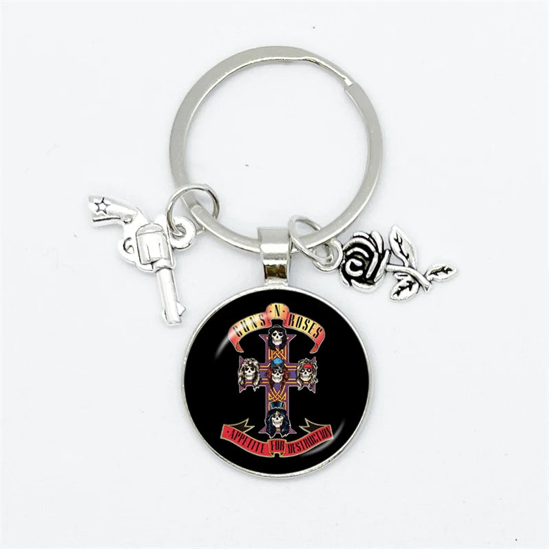 Guns N Roses Keychain With Band Logo, Pistol and Rose Charms