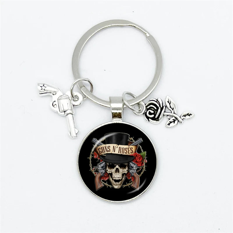 Guns N Roses Keychain With Band Logo, Pistol and Rose Charms